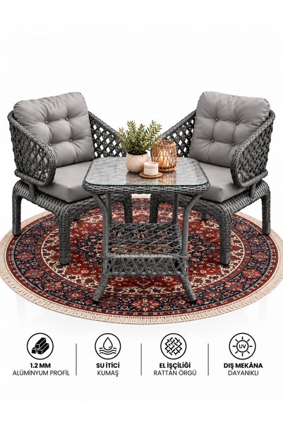 Çavdar Group Cenevre Raddan 1+1 Bistro Set Minderli 2 Kişilik Raddan Oturma G...