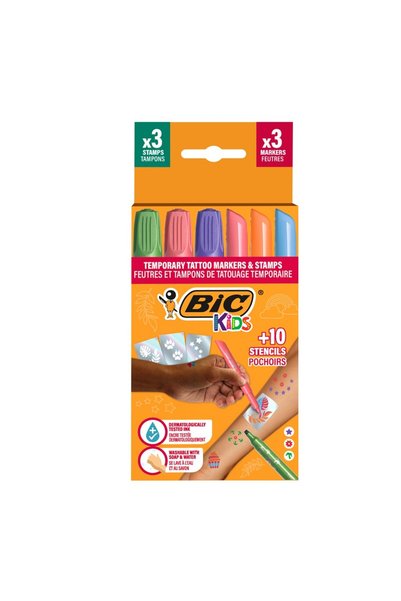 Bic SET DE MARKERE TATUAJ PENTRU COPII 3 MARKERE + 3 ȘTAMPE + 10 ȘABLONE