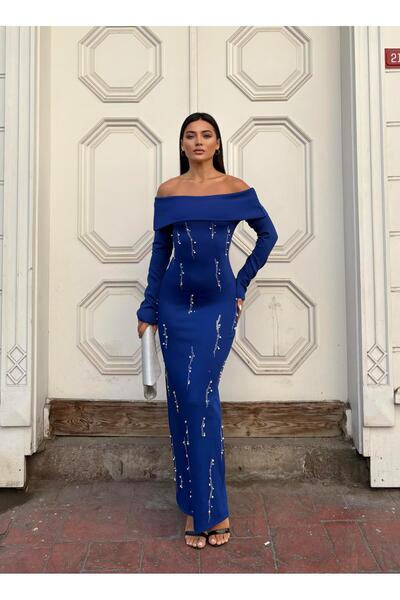 Modafeminen Stone Detailed Strapless Neckline Scuba Fabric Long Sleeve Dress ...