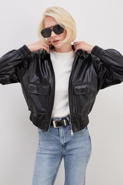 Fulla Moda Jachetă bomber din piele artificială cu guler polo și buzunare duble