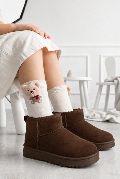 NAVİSHOES Botine scurte din piele intoarsa cu toc gros din blana maro pentru ...