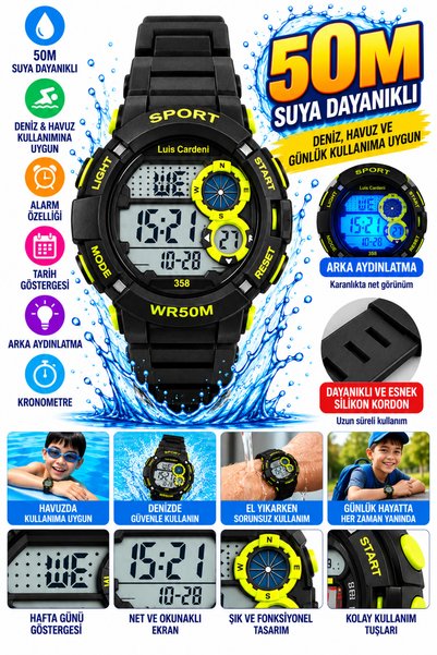 onlinekordon Dijital Çocuk Kol Saati 50M Water Resistant Suya Dayanıklı Deniz...