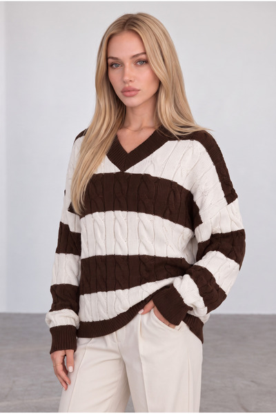 Valiberta Bianca Double Color Braided V-Neck Women's Knitwear Sweater - Brown