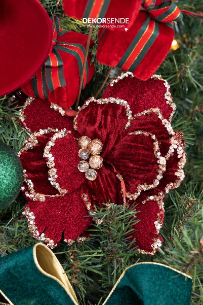 Dekorsende New Year's Ponsetya Pique Magnolia with Stones Burgundy 40 cm
