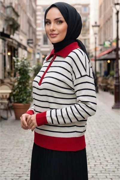 DAMGA Collection سترة صوفية طويلة الأكمام بنقشة مخططة وياقة بولو وسحاب.