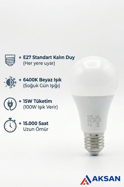 Cata CT-4274 15W E27 LED Ampul 6400K Beyaz Işık – 1550 Lümen, Yüksek Işık Gücü