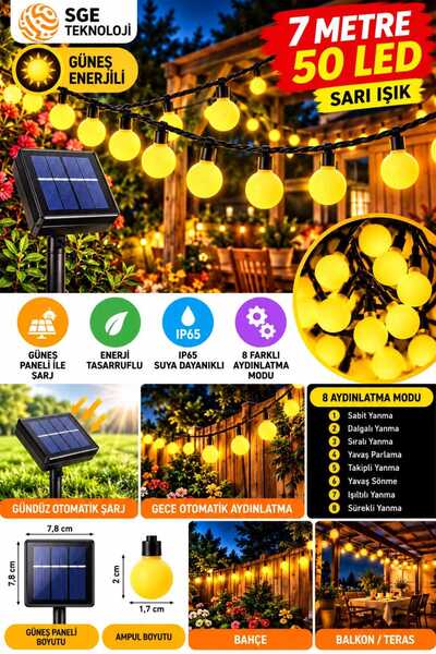 sgeteknoloji Sge Güneş Enerjili 7 Metre 50 Led Sarı Bahçe Parti Balkon Süsü Aydınlatma Lambası