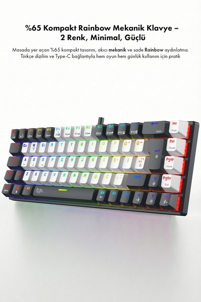 gameagle STRIKE COMPACT %60 Mekanik 69 Tuş Blue Switch 17 Mod Rainbow Oyuncu Klavyesi - BEYAZ/SİYAH