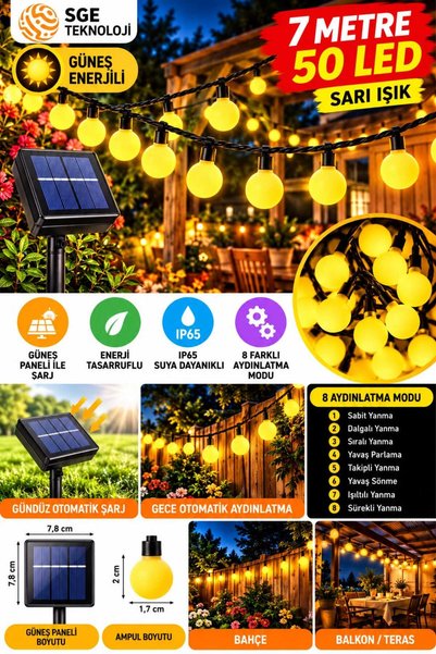 Mighty Opak Güneş Enerjili 7 Metre 50 Led Sarı Bahçe Teras Parti Balkon Süsü ...