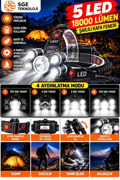 SGE Şarjlı 5 Led 18000 Lümen Kafa Feneri Lambası