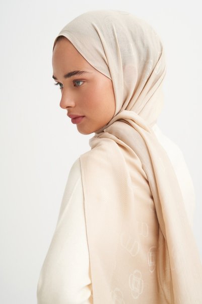 carell Monogram Pattern Tencel Wool Viscose Shawl Dark Beige