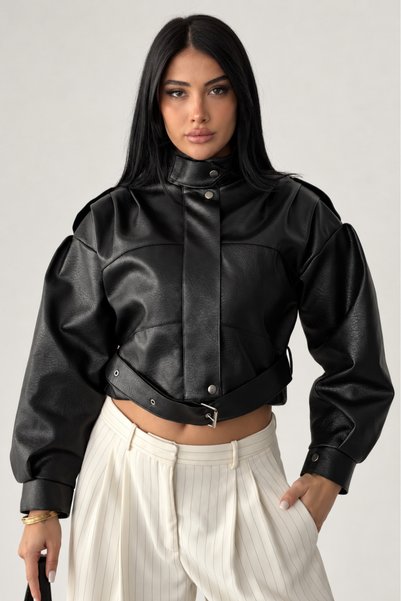 moda armanc Women's Belted Oversized Cropped Faux Leather Jacket with Mock Ne...