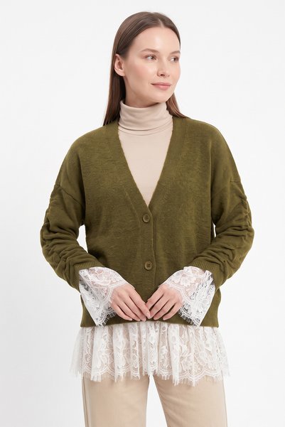 zenne Lace-Detail Knit Cardigan T2621 - GREEN