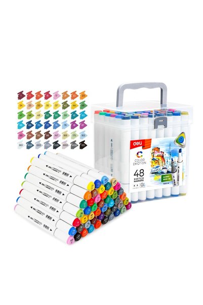 Deli SET OF 48 SKETCHING MARKERS WITH DOUBLE TIP: ROUND 1MM / CHISEL 7MM, PLA...