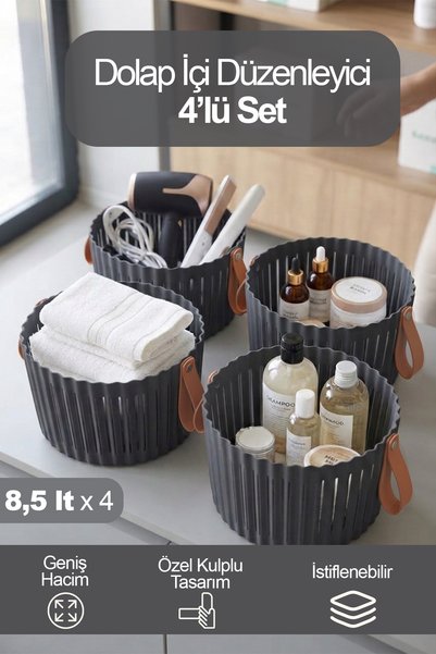 İronika 4-Piece Round Bathroom and Kitchen Organizer with Leather Handles, Mu...