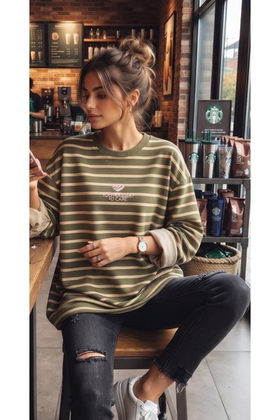 moda gk Çizgili Bisiklet Yaka Oversize Düşük Kol Örme Sweatshirt