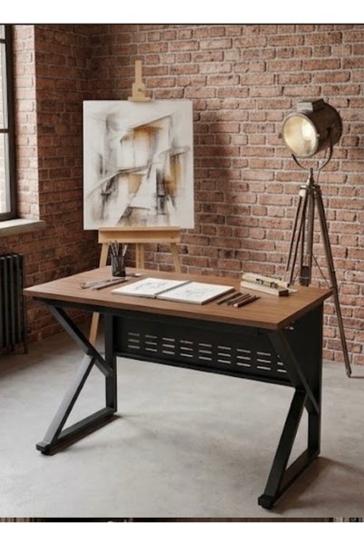 IN HOME STORE طاولة مكتب عصرية بتصميم حرف X وسطح خشبي وقاعدة معدنية متينة