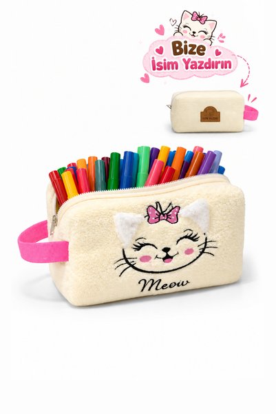 KidHug Kedi Kalemlik Nakışlı Yumuşacık Kişiye Özel Tasarım 24x12x12 Cm Yumuşa...
