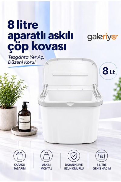 Galeriyo 8 Litre Kapaklı Askılı Çöp Kovası – Dolap Kapağına Asılabilir, Askı Aparatlı, Beyaz - Gri
