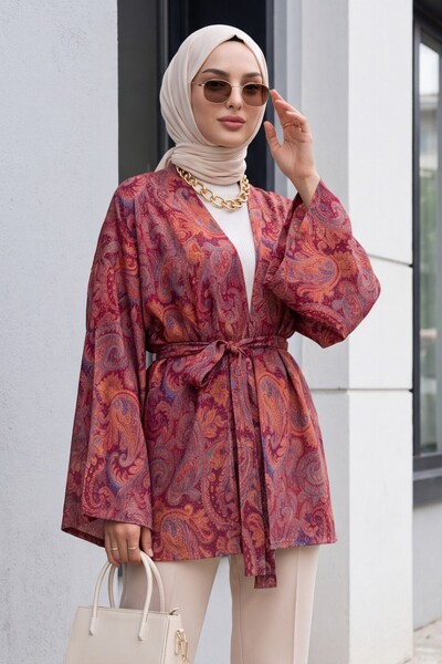 Modamorfo Kimono cu șireturi cu model etnic - burgundy