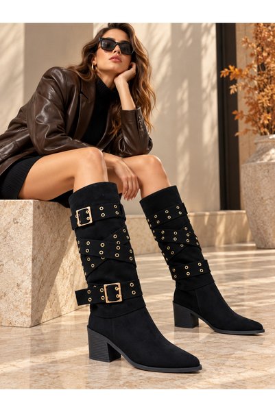 RoseVeno Women's Black Suede Boots with Gold Buckle Detail