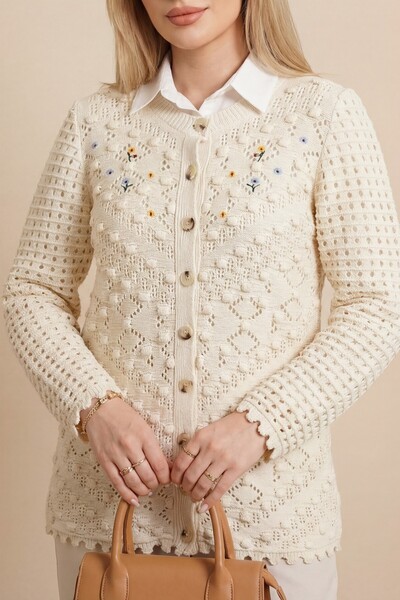 Modamorfo Pompom Round Neck Buttoned Knitwear Cardigan -Cream