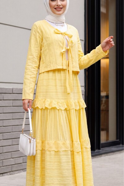 HİJABAYA Tied Front Scalloped Long Sleeve V-Neck Hijab Dress Set with Skirt -...