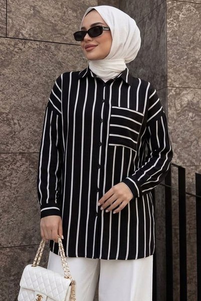 Neva Style Çizgili Cepli Siyah Tesettür Gömlek 52112S