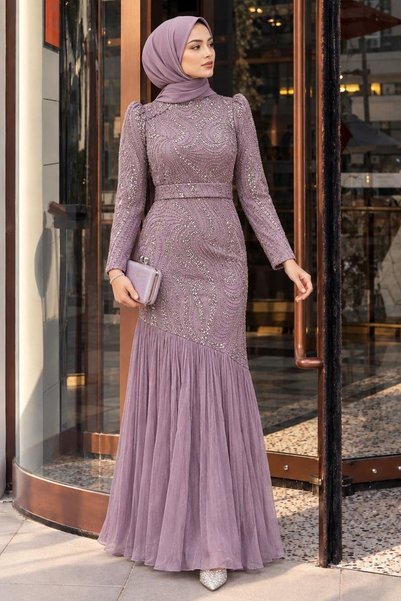 N.S NEVA STYLE Beaded Lilac Hijab Evening Dress 51621Lila
