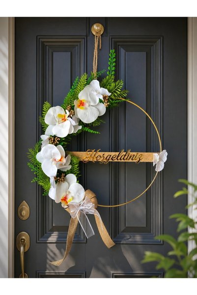 MACROMEKİDS 30 cm Gold Hoop Artificial White Orchid Detailed Welcome Written ...
