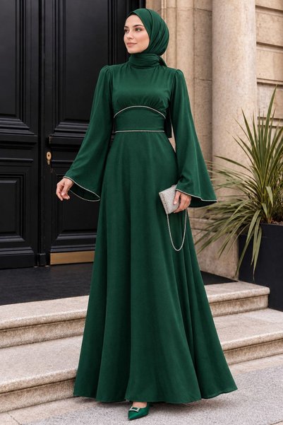 N.S NEVA STYLE فستان سهرة حجاب أخضر زمردي ساتان 61592ZY