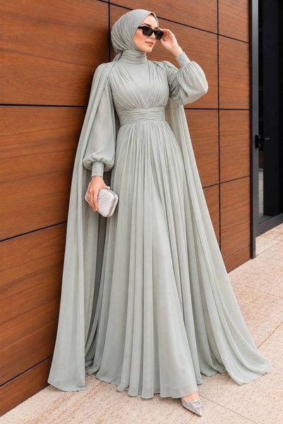 N.S NEVA STYLE - Mint Hijab Evening Dress with Cape 5447Mint