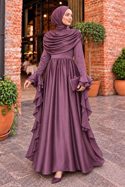 N.S NEVA STYLE Satin Dark Rose Dry Flower Hijab Evening Dress 55461Kgk