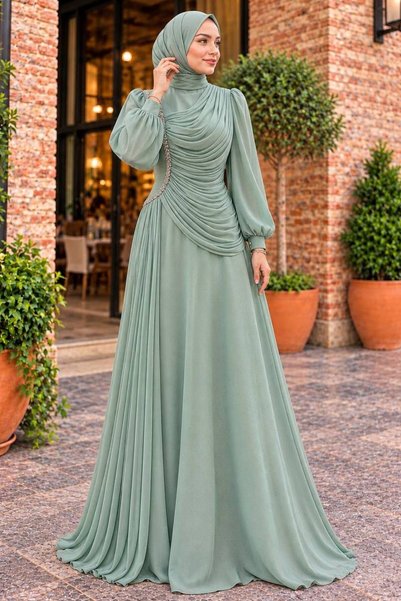 N.S NEVA STYLE Sparkling Mint Draped Hijab Evening Dress 57091Mint