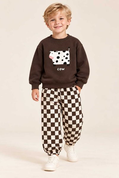 LAVİTTA Unisex İnek Figürlü "Cow" Detaylı Kahverengi Sweatshirt & Damalı Pant...