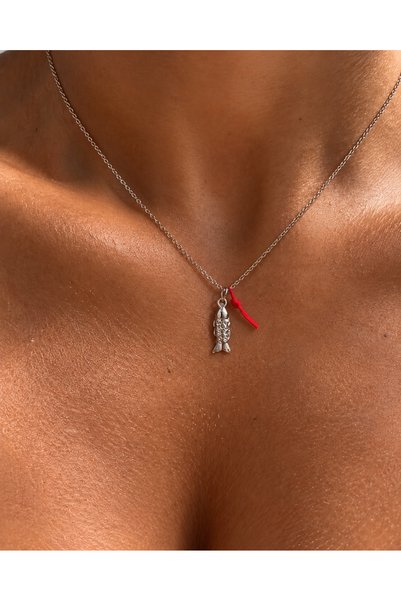 Arsaley Collection Silver Fish and Red Ribbon Charm 45 cm Steel Necklace