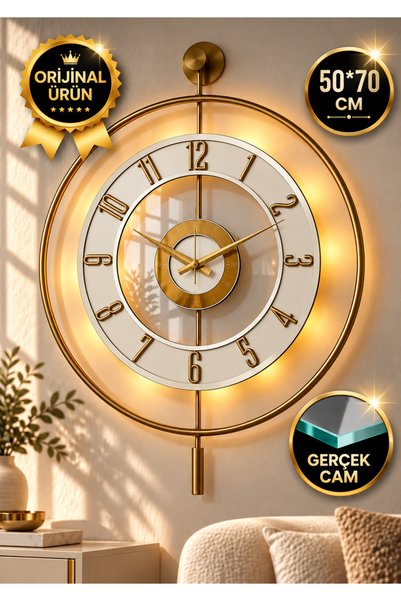 Pey Aksesuar Metal Camlı Duvar Saati 50 X 70 Cm Orta Boy Işıklı Gerçek Cam go...