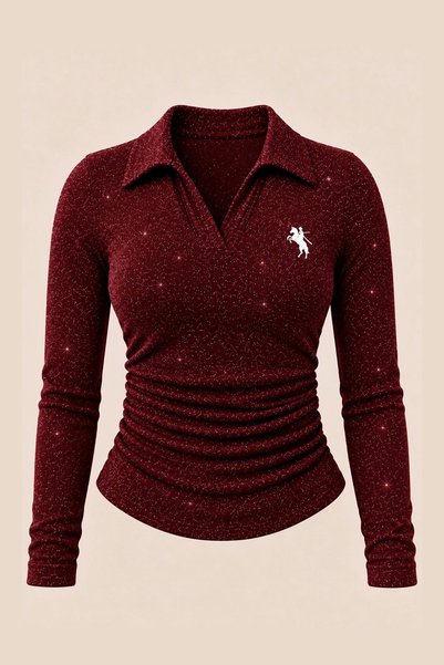 İlayda Toprak Bluză premium cu mâneci lungi, guler polo, cu bordură, din mate...