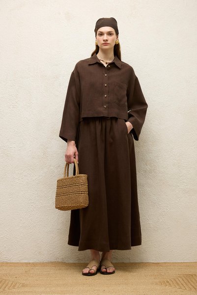 Manuka Bol Cut Linen Skirt Brown