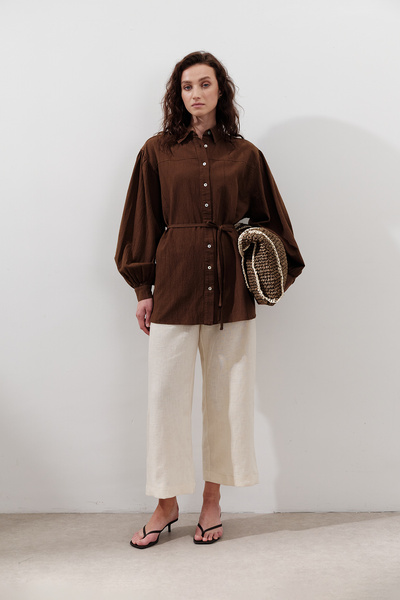 Manuka Cotton Balloon Sleeve Shirt Brown