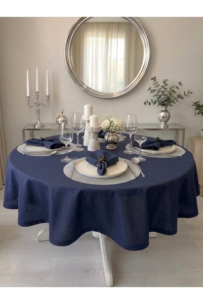Decamor home Royal Linen Textured Glitter Round Tablecloth Navy Blue