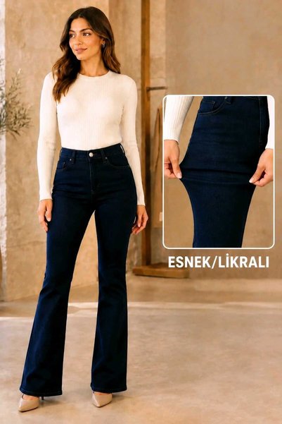 hies İspanyol Paça Likralı Lacivert Kadın Jeans Pantolon, Ispanyol Paça Yüksek Bel Kadın Jeans
