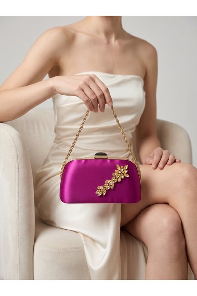 Biçanta Geantă de seară pentru femei, tip clutch, din satin, decorată cu acce...