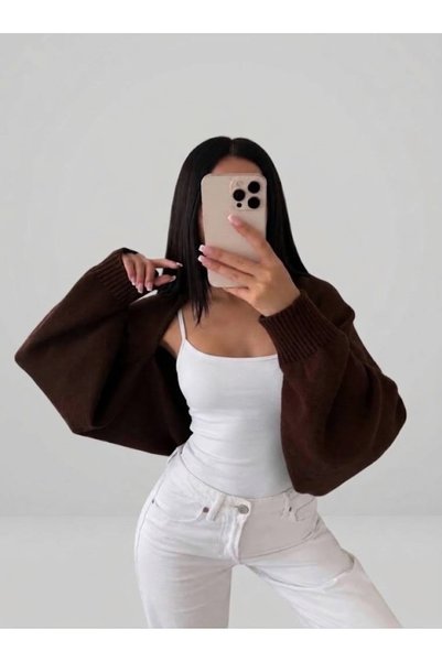 FLEX FASHION Kadın Akrilik Crop Triko Hırka Kahve