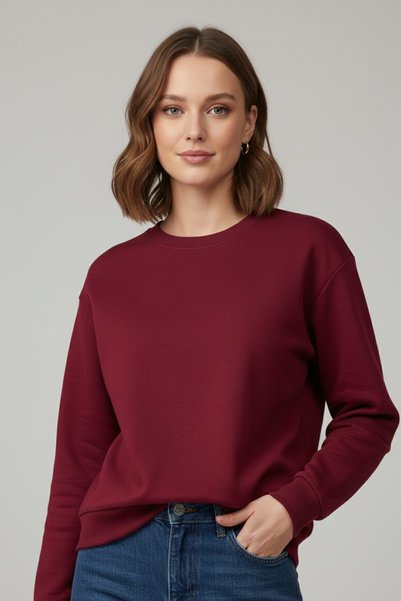 TOFİSA Kadın Bisiklet Yaka Oversize Sweatshirt - 27955-BORDO