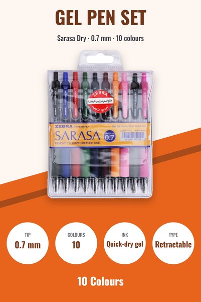 Zebra Sarasa Dry Retractable Gel Pen Set 0.7 mm, 10 Colours – Assorted