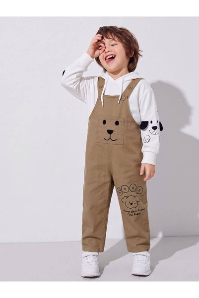 Mişsa Bebe Erkek Çocuk Kot Salopet Takım Kapüşonlu Sweatshirtlü Köpek Baskılı
