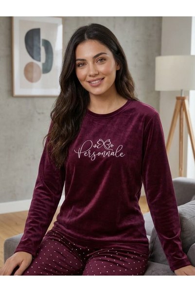 Asel Kadın Uzun Kollu Desenli Exclusive Likralı Kadife Pijama Takımı