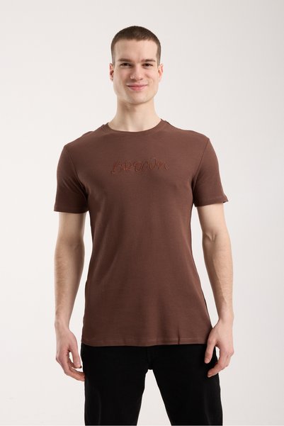 WeShaya Men's Slim Fit Waffle Textured Minimal Printed Casual T-Shirt - Brown