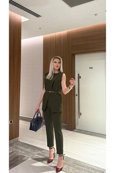 WeShaya Khaki Belted Vest & Trousers Set – Office and Event Elegance - Khaki